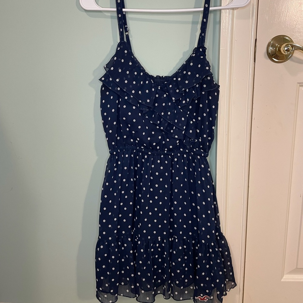 Hollister navy and white polkadot dress with ruffles